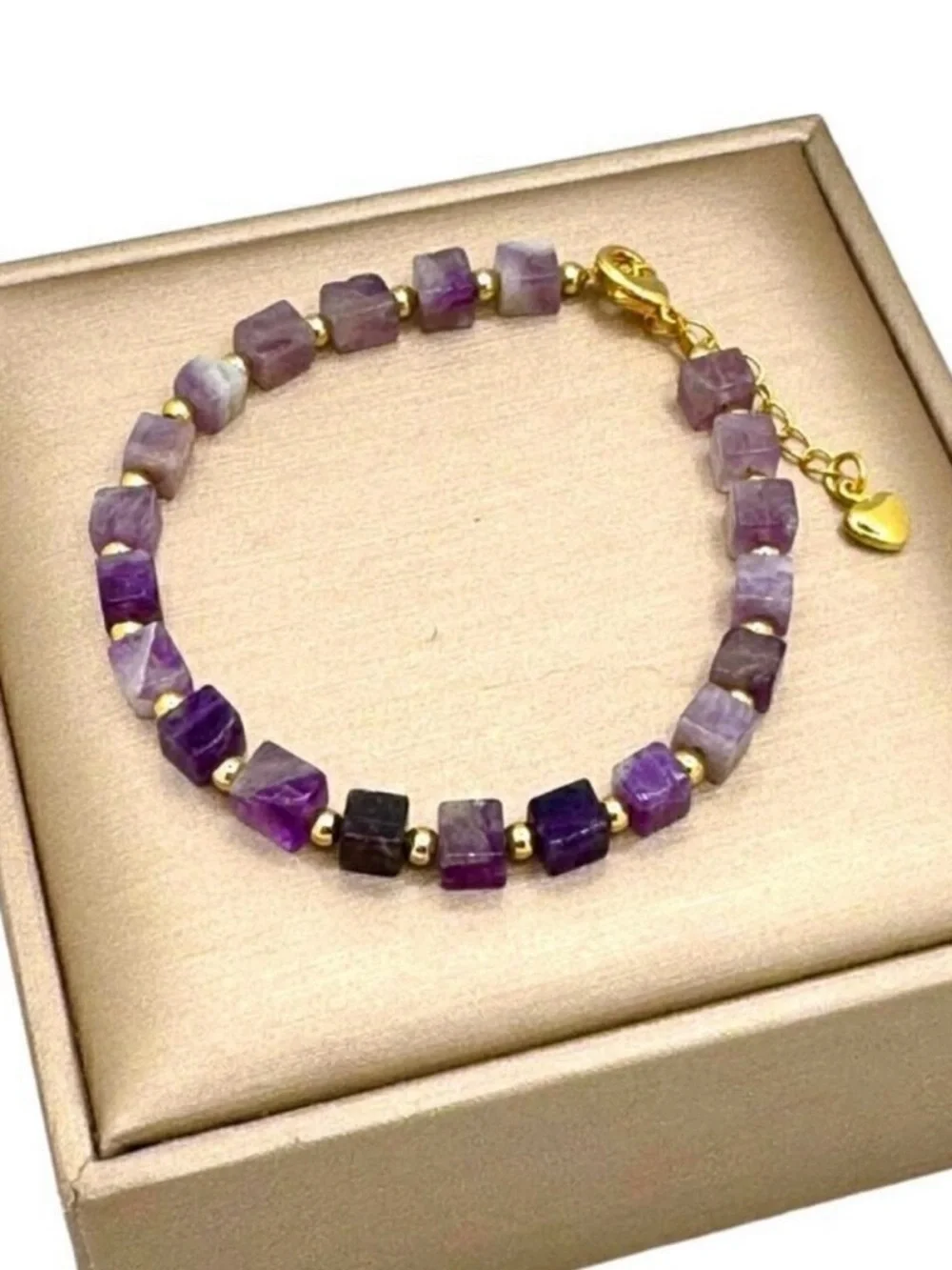 NWT Amethyst Beaded Bracelet 18K Gold Plated Geometric Purple 6.5”